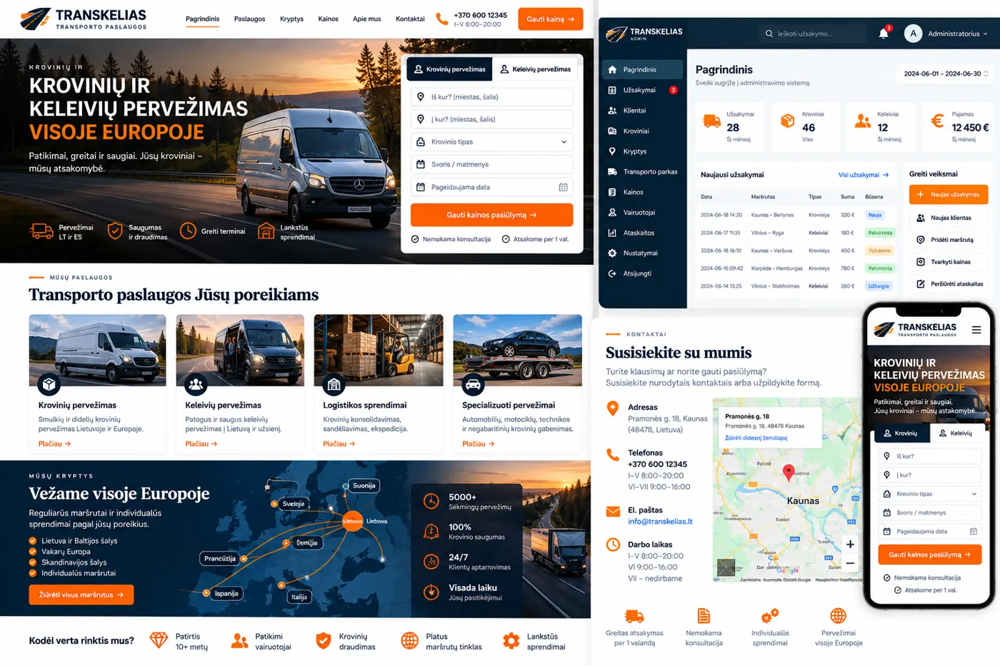 Transporto paslaugos svetainės, administravimo ir mobilios versijos dizaino maketas